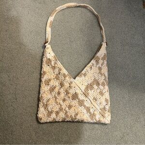 Crocheted Cream Triangular Shoulder Bag with Textured Fabric
